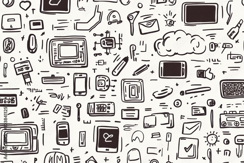 Poster a collection of hand-drawn doodles featuring technology items, including smartphones, computers, and