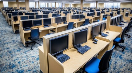 Modern Office Workspace with Rows of Computers