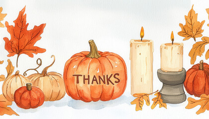 A festive illustration featuring pumpkins, candles, and autumn leaves, conveying a message of gratitude and celebration.