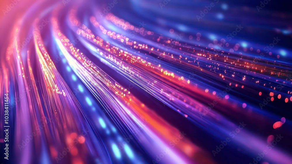 Poster abstract background of glowing lines and particles, representing data flow, technology, or speed.