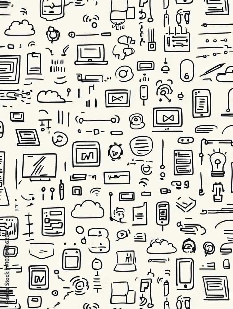 Poster A collection of hand-drawn doodles featuring various technology items such as laptops, smartphones, coding symbols, and cloud icons. Generative AI