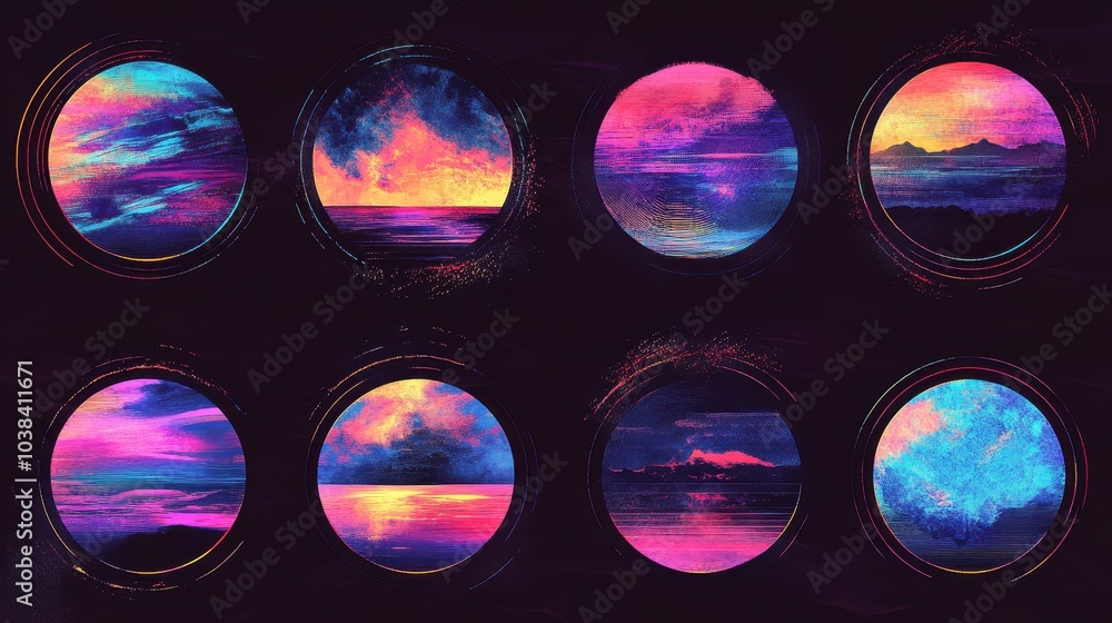 Poster retrofuturistic design in the 80s and 90s. circle shapes with glitch and liquid set. holographic vap