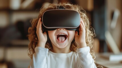 Excited child or kid wearing VR headset with a big smile on face, enjoying a virtual reality experience that sparks wonder and joy. Generative AI