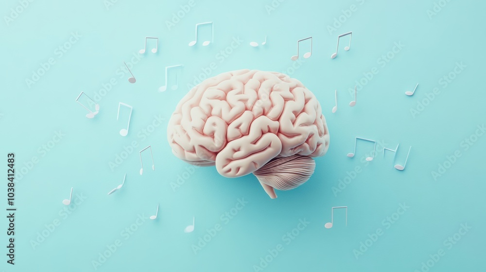Poster the image showcases a realistic human brain floating amid musical notes, set against a soft pastel b
