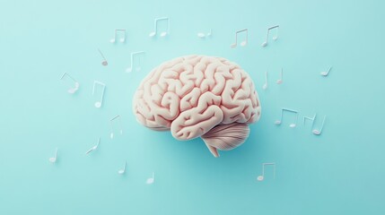 The image showcases a realistic human brain floating amid musical notes, set against a soft pastel blue background. Generative AI