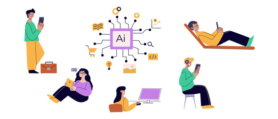 Artificial intelligence concept with people. Flat vector illustration. Person using ai technology for work. Collaboration with ai robotic program. Artificial intelligence tool for analysis business.