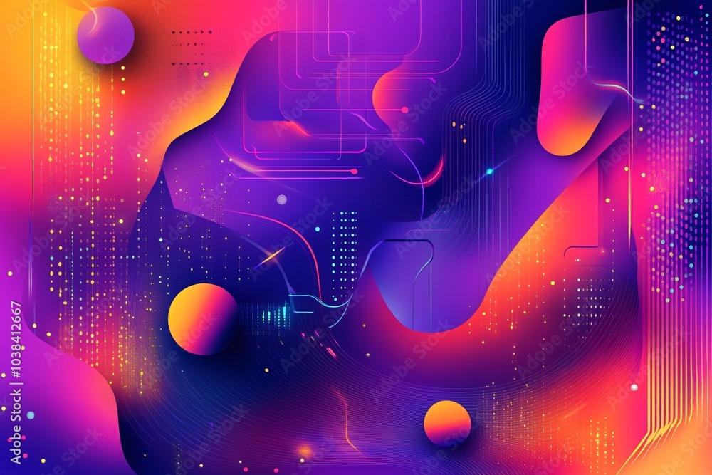Poster abstract neon gradient background with geometric shapes and lines