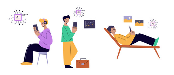 Artificial intelligence concept with people. Flat vector illustration. Person using ai technology for work. Collaboration with ai robotic program. Artificial intelligence tool for analysis business.