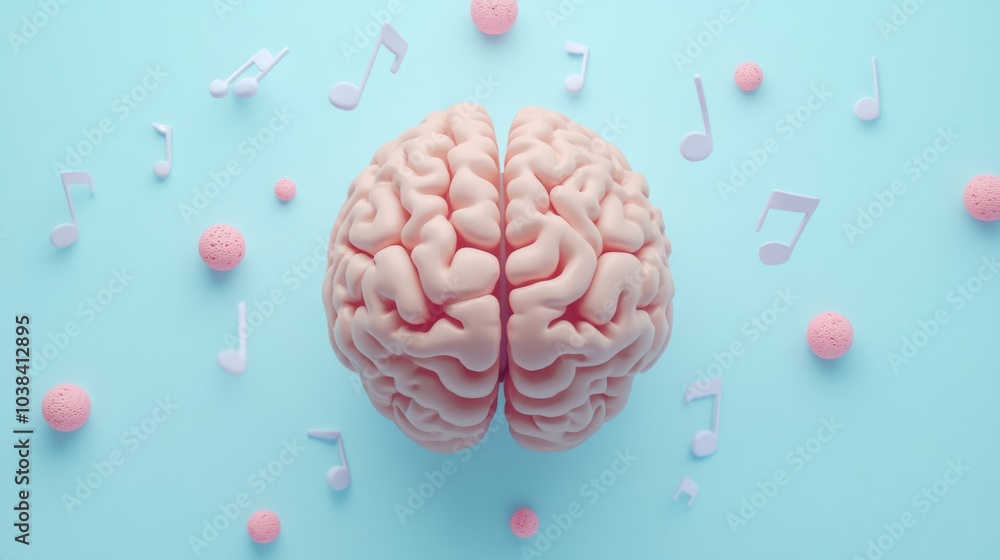 Aufkleber a human brain is surrounded by floating musical notes and pastel pink elements, showcasing the relat