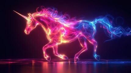 Fototapeta premium Volumetric figure of a unicorn with glowing neon outline. The hoofed mythical animal is running fast. Illustration for cover, card, postcard, interior design, banner, poster, brochure or presentation