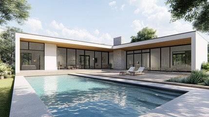 Fototapeta premium Modern Luxurious House Exterior with Pool and Landscape