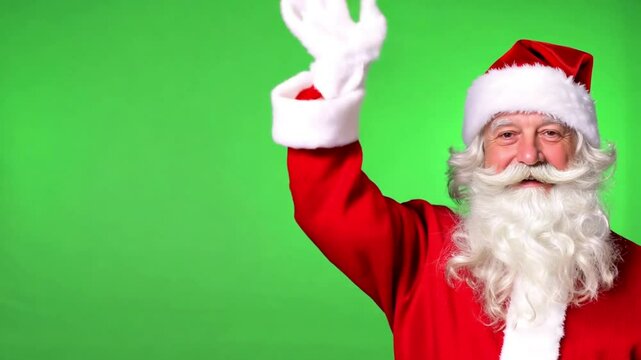 Merry Christmas. Santa Claus in a red suit wearing white gloves waving his hand on a green screen background chroma key Merry Christmas concept Santa saying hello