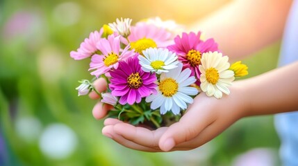 Child s Hand Holding Colorful Wildflowers Bouquet in Summer Garden