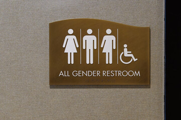 All Gender Restroom sign with male, female, combined male and female, and wheelchair symbols as well as braille