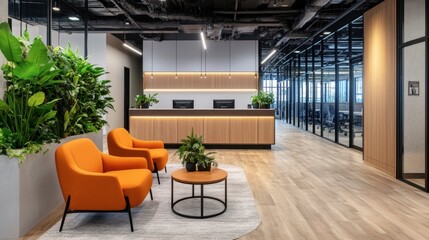 Modern Office Interior with Stylish Seating and Plants