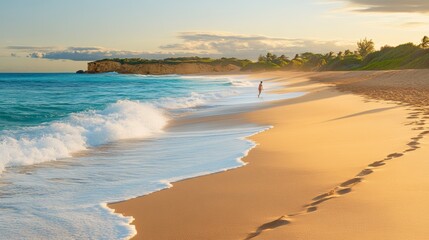 Obraz premium Tropical Beach Sunset with Footsteps and Waves