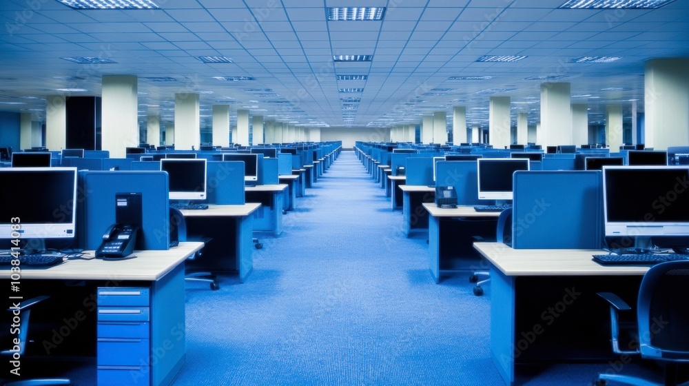 Poster spacious modern office with rows of computer desks