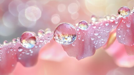 Dew droplets delicately balancing on a soft pink flower petal, reflecting the world in miniature, capturing nature's beauty