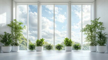 Modern Spacious Interior with Large Windows and Plants