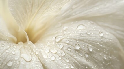 Tiny water droplets on a soft white flower petal, reflecting light and highlighting the intricate textures of nature