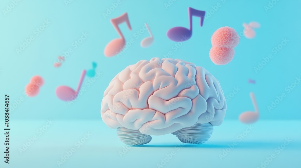 Poster a colorful representation featuring a human brain with vibrant musical notes floating above it, set 