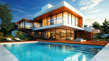 Fototapeta premium Modern 3D Rendering of a Stunning House by the Pool