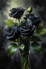 A bouquet of black roses with dew drops, their petals unfurling in a dramatic display. The dark, moody background adds to the overall mystique.
