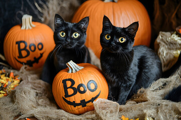 Black cats and pumpkins create festive Halloween scene filled with charm