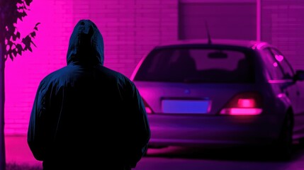 Man, car and steal attempt with criminal, automobile and flash light or checking for valuable possession inside. Illicit, assessing vehicle and security for anti theft system, hooded and parking lot