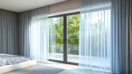 Obraz premium Modern Stylish Bedroom with Large Windows and Curtains