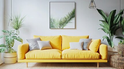 Cozy Living Room with Stylish Yellow Sofa and Plants