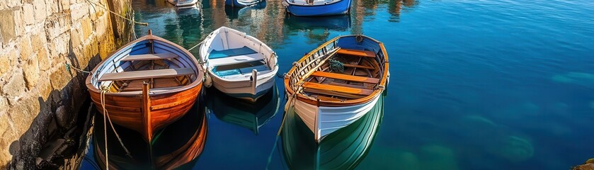 Obraz premium A group of colorful wooden rowboats is docked by a stone wall in crystal-clear blue water, creating a tranquil and picturesque seaside scene.