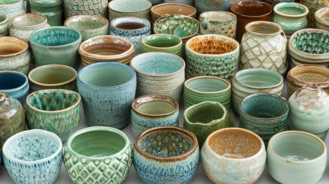 Collection of Handmade Ceramic Cups  Rustic Pottery  Green and Blue Glazes