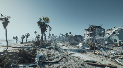 Obraz premium Coastal Town Aftermath: Debris-Laden Streets, Damaged Pier Over Turbulent Ocean, Solitary Resilient Tree Amidst Ruins