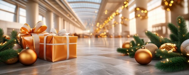 Fototapeta premium Festive Spirit Fills the Airport as Travelers Head Off on Holiday Flights Capture the Joy of Holiday Travel Cheer with Festive Decorations, Gift Wrapped Presents, and the Excitement of a New Adventure