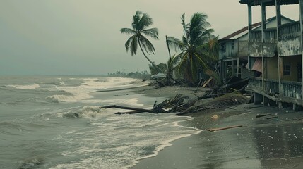 Naklejka premium Coastal Town Aftermath: Debris-Laden Streets, Damaged Pier Over Turbulent Ocean, Solitary Resilient Tree Amidst Ruins
