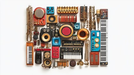 Vintage Music Instruments and Equipment Flat Lay   Saxophone  Keyboard  Synthesizer  Micro