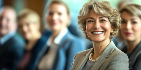 Confident businesswoman smiles in a professional setting. Colleagues are engaged in the meeting behind her. This image represents leadership and empowerment. A great visual for corporate themes. AI