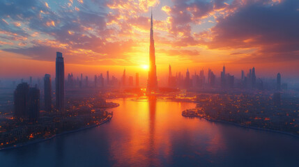 Fototapeta premium Majestic Dubai Skyline at Sunset - Cityscape with Iconic Buildings and Vibrant Colors