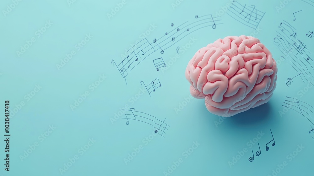 Poster The visual features a human brain amidst flowing musical notes, highlighting the relationship between music and mental processes. Generative AI