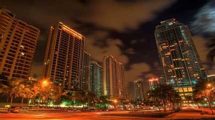 Fototapeta premium Urban Nightscape with Illuminated Skyscrapers
