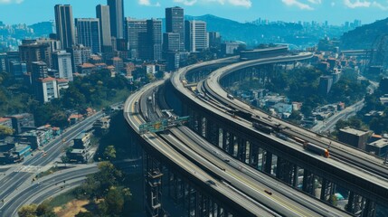 Aerial View of Urban Highway and Cityscape