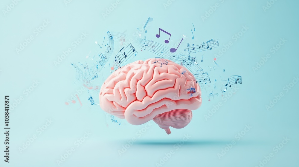 Poster the artwork depicts a human brain immersed in swirling musical notes, highlighting the connection be