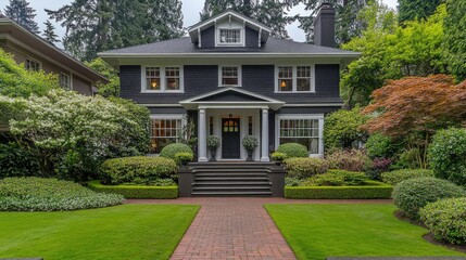 Obraz premium Classic Black Oregon Home with Lush Garden