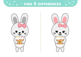 Find 5 differences. Easter girl bunny with cake. Easter game. Cartoon, vector.