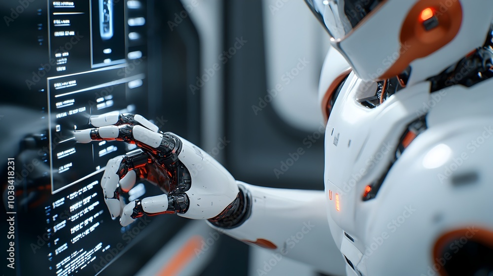 Poster futuristic scene of a humanoid robot technician performing a detailed scan of a car s interior with 