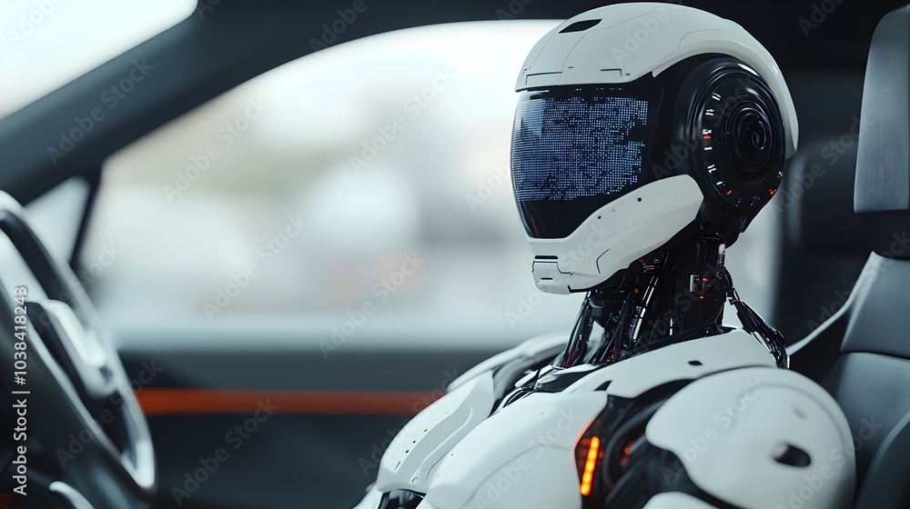 Poster futuristic robot technician using advanced technology to perform a detailed scan and analysis of a c