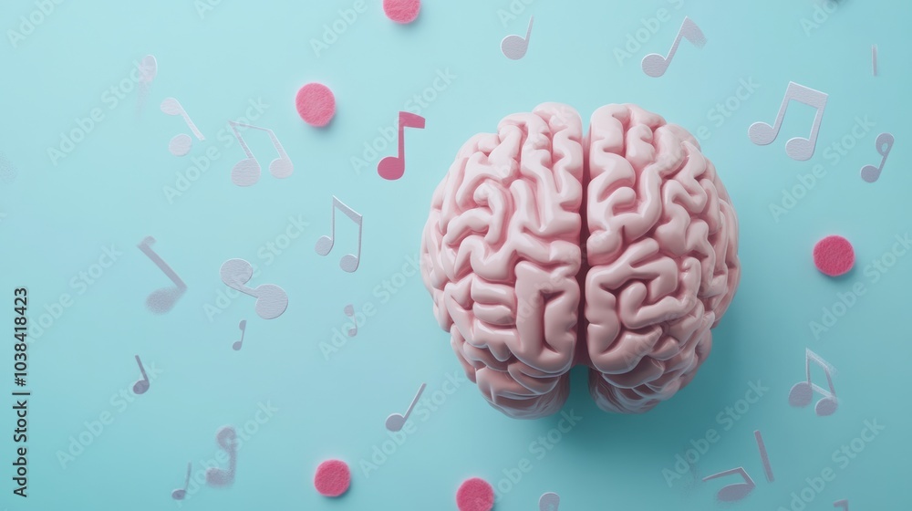 Poster The vibrant human brain displays intricate details while music notes float around, emphasizing the connection between music and thought. Generative AI