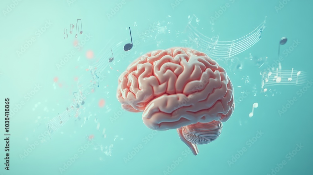 Poster The human brain floats amidst swirling musical notes against a calming pastel blue backdrop, emphasizing the connection between music and thought. Generative AI