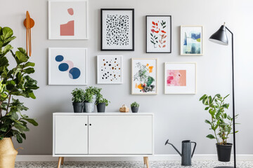Modern interior design featuring stylish gallery wall with various framed artworks, complemented by indoor plants and sleek cabinet. space exudes fresh and inviting atmosphere